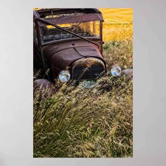 Poster Ancienne voiture abandonnée en herbe haute (Devant)