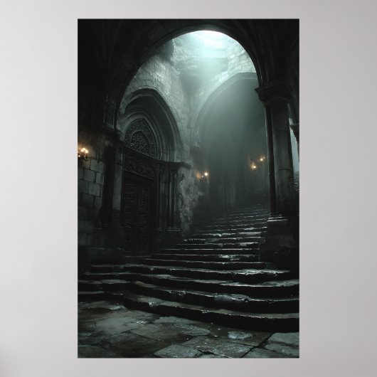 Poster Ancient Cathedral Stairway Mist Light (Devant)