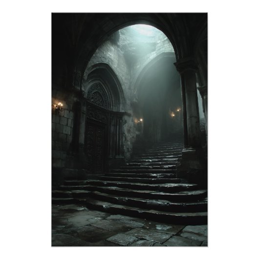 Poster Ancient Cathedral Stairway Mist Light (Devant)
