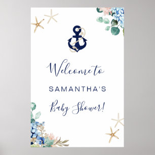 Poster Ancre Beach Baby shower floral nautique Bienvenue