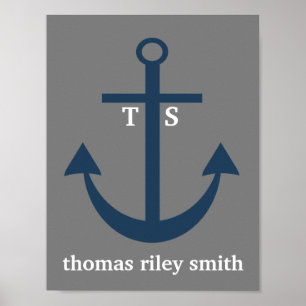 Poster Ancre bleu et gris de la Marine Monogram Nursery I
