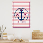 Poster Ancre Coeur rose rayures Monogramme nautique Logo (Cuisine)