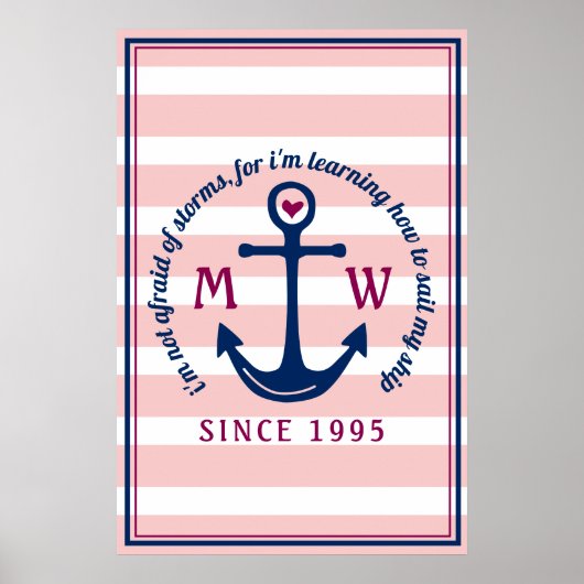 Poster Ancre Coeur rose rayures Monogramme nautique Logo (Devant)