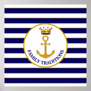 Poster Ancre couronne et or sur bleu et blanc