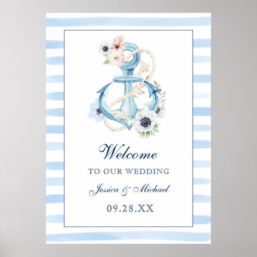 Poster Ancre Florale Bleu Stripes Plage Mariage Bienvenue (Devant)