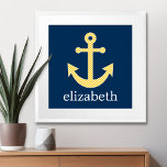 Poster Ancre nautique avec Motif de Navy Jaune Chevron<br><div class="desc">Motif tendance et preppy - Un design classique et élégant avec des chevrons et un espace pour ajouter votre nom ou monogramme.</div>