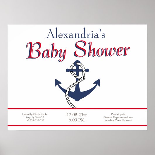 Poster Ancre nautique Baby shower bleu (Devant)