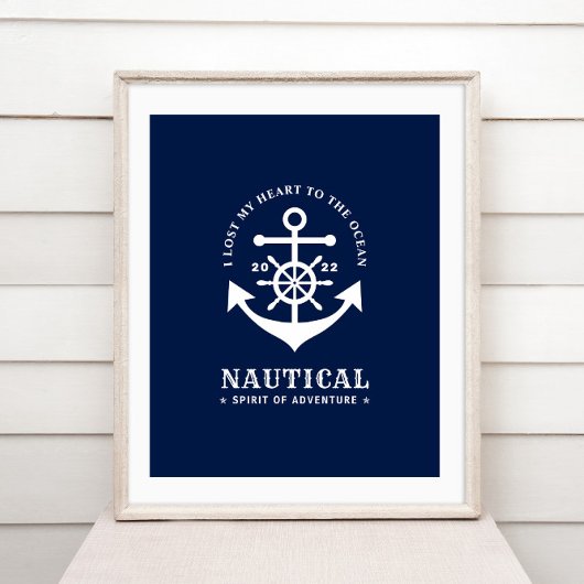 Poster Ancre nautique Badge bleu et blanc