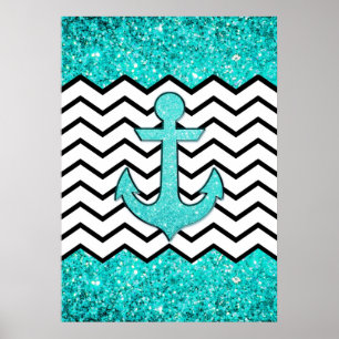 Poster Ancre turquoise et chevron de parties