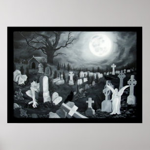 Poster Ange avec diable la nuit dans le cimetière