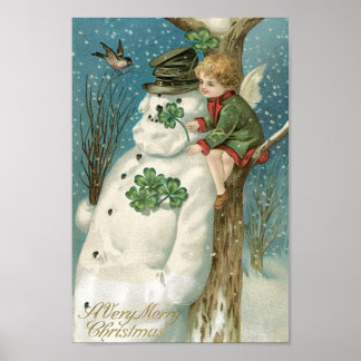 Poster Ange de Noël et bonhomme de neige
