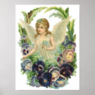 Poster Ange de Pâques victorien avec fleurs de pensée vio