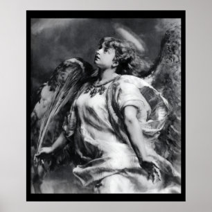 POSTER ANGE GARDIEN ROMANTIQUE AVEC PLUME EN NOIR ET BLAN