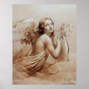Poster ANGE JOUER LYRA SUR LES NUAGES Brown Sepia