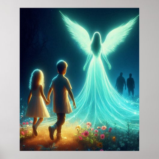 Poster Ange protégeant deux petits enfants la nuit (Devant)