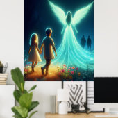 Poster Ange protégeant deux petits enfants la nuit (Bureau à domicile)
