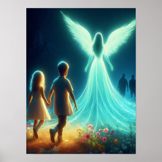 Poster Ange protégeant deux petits enfants la nuit (Devant)