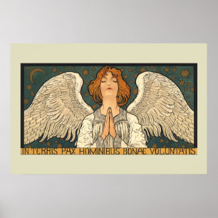 Poster Ange religieux vintage priant avec des étoiles dor
