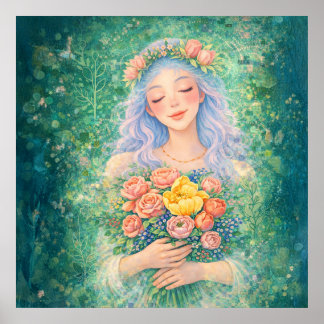 Poster Ange rêveur aux fleurs – Douce fantaisie verte art