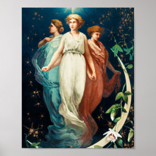 Poster Anges de Noël, étoiles, femmes, fête de la lune