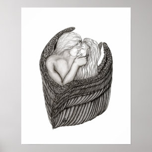 Poster Anges qui s'embrassent, design noir et blanc