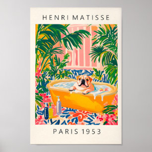 Poster Anglais Bulldog Art Print, Floral Bathroom Print,