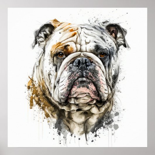 Poster Anglais Bulldog Portrait Animal Peinture Faune (Devant)