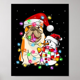 Poster Anglais Chien Chien Snowman Santa Hat Lumières