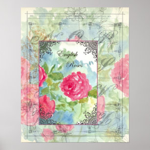 Poster Anglais Chou Rose Collage Aquarelle Fleurs
