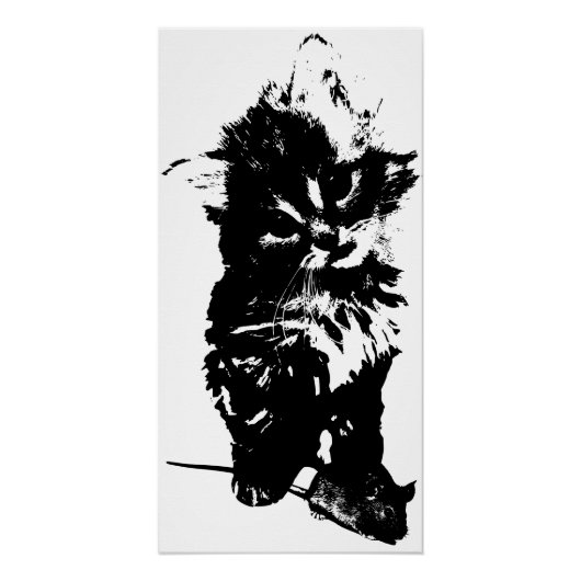 Poster Angry Cat with Mouse Art Print | Minimalist Black  (Devant)