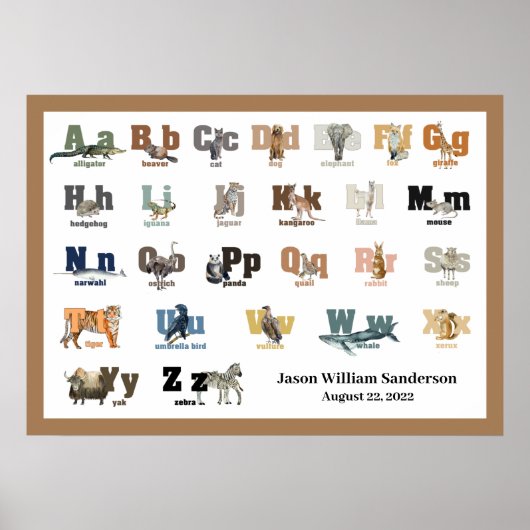 Poster Animal Alphabet Nursery Nom de l'enfant 28 x 20 (Devant)