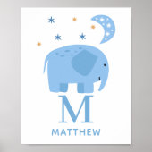 Poster Animal d'éléphant bleu. Baby boy monogram nursery (Devant)