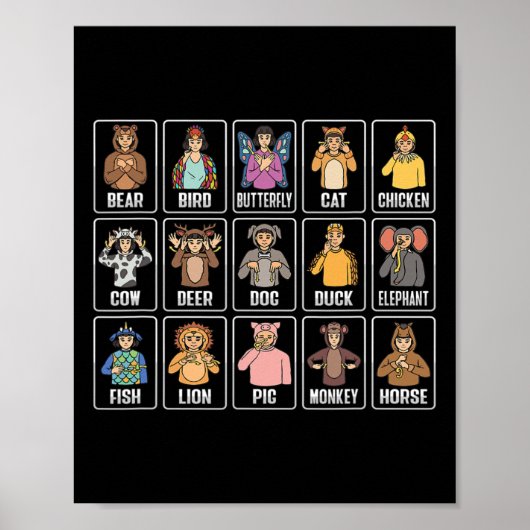Poster Animals Asl Hand Gesture Animals Deaf Hearing Loss (Devant)