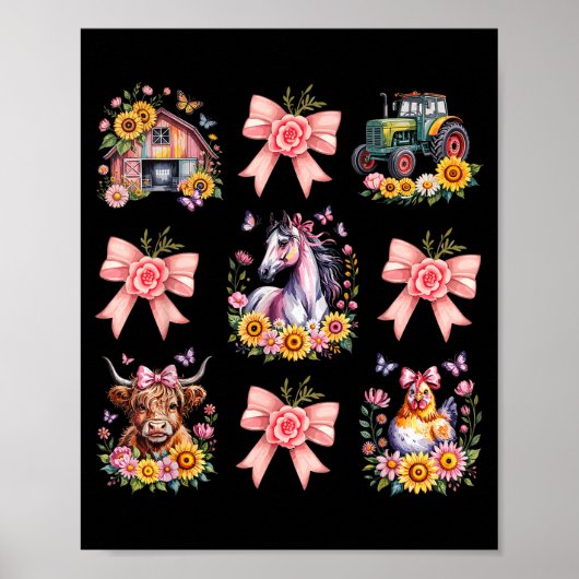 Poster Animals Cow Chicken Horse Tractor Flower Farm Wome (Devant)