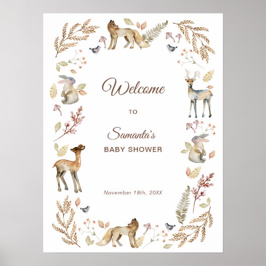 Poster Animaux Baby shower boisé Bienvenue (Devant)