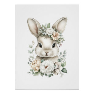 Poster Animaux Bébés Mignons à l'Aquarelle avec des Fleur