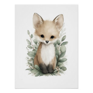 Poster Animaux Bébés Mignons à l'Aquarelle avec des Fleur