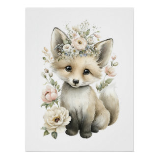 Poster Animaux Bébés Mignons à l'Aquarelle avec des Fleur