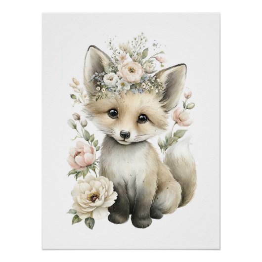 Poster Animaux Bébés Mignons à l'Aquarelle avec des Fleur (Devant)