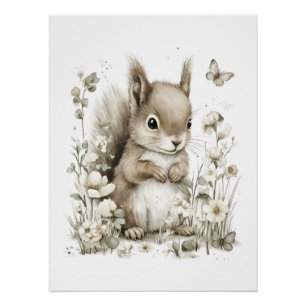 Poster Animaux Bébés Mignons à l'Aquarelle avec des Fleur