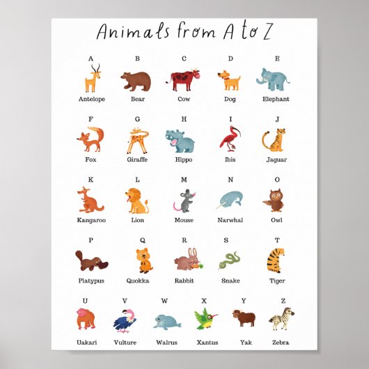 Poster Animaux de A à Z Éducation scolaire Apprentissage (Devant)