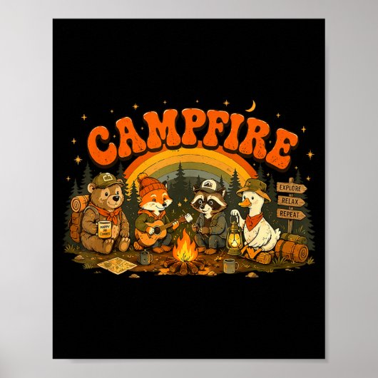Poster Animaux de camping feu de camp campeur aventure pl (Devant)