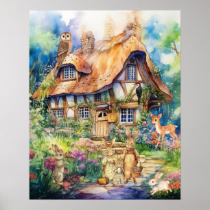 Poster Animaux de cottage fantaisie aquarelle fantaisiste