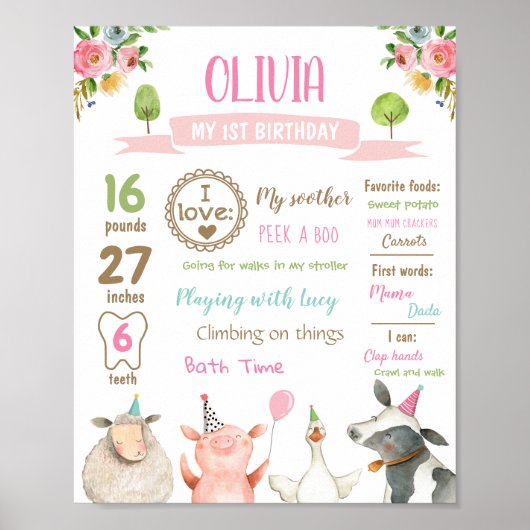 Poster Animaux de ferme Grange Premier anniversaire Fille (Devant)