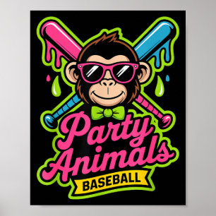 Poster Animaux de fête baseball singe drôle slime vibrant