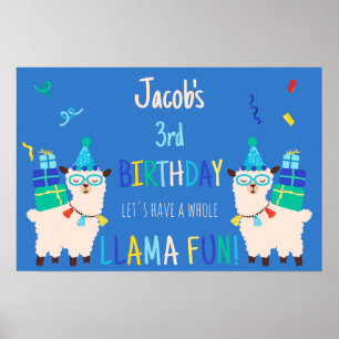 Poster Animaux de fête Lama Garçons d'anniversaire Bleu