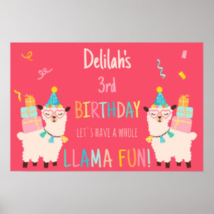 Poster Animaux de Fête Llama Filles d'Anniversaire Rose