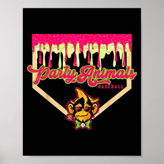 Poster Animaux de fête plaque monkey baseball dégoulinant (Devant)