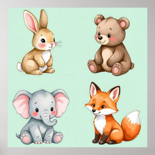 Poster Animaux de la Forêt Bébés Adorables Aquarelle Past