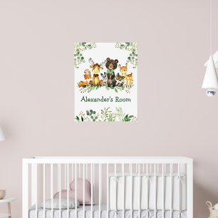 Poster Animaux de la forêt de bois à l'aquarelle et feuil